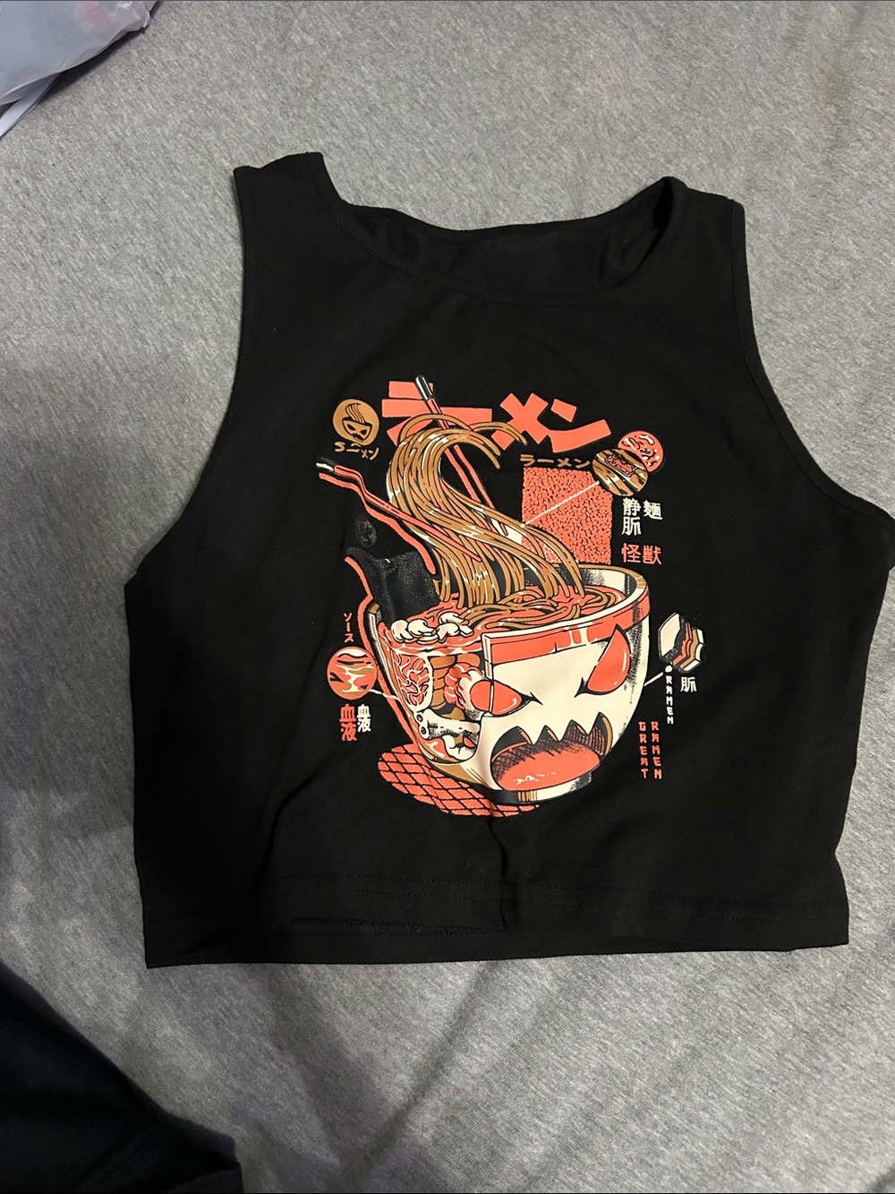 ROMWE Black Cropped Tank with Orange Ramen Graphic